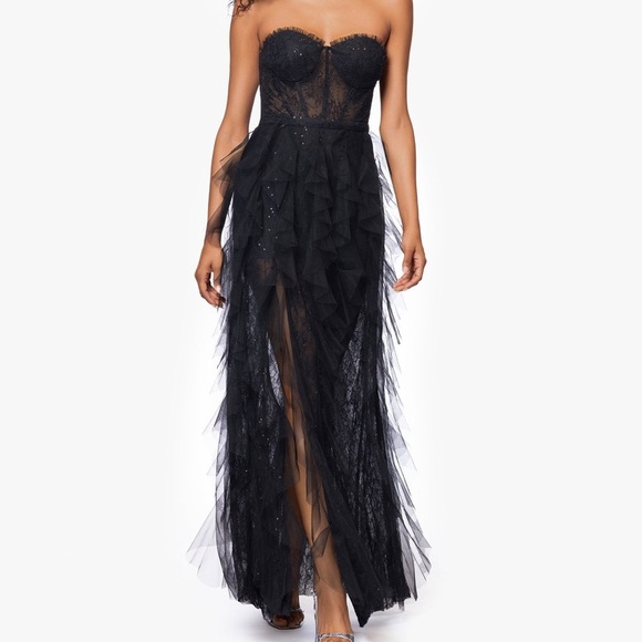 NWT  BETSY & ADAM “ANGELINA" LONG STRAPLESS MESH FLOOR LENGTH RUFFLE DRESS - Picture 1 of 10